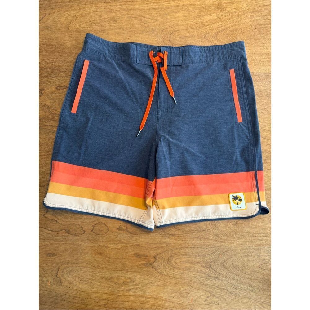 United By Blue X Corona Mens Sunset Stripes Swim Boardshorts Blue Orange Size 36